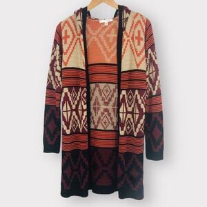 SAY WHAT? Boho Knit Hooded Open Front Southwestern Cardigan XS Tan Multi
